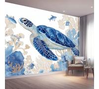Mural de Pared 350 x 256 cm（WxH, Papel Pintado Tortuga Marina Pintada A Mano Coral Decorativo Blanco para Salón Dormitorio y Cocina - Papel Adhesivo Removible Gran Formato