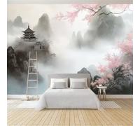 Mural de Pared 3D 200 x 140 cm - Blanco Papel Pintado de Tejido No Tejido para Salón y Pared de TV Oficina - Decoración XXL No Autoadhesivo Oriental Arquitectura Pagoda Flores De Cerezo