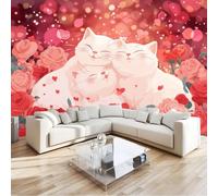 Mural de Pared 3D 250 x 175 cm - Rojo Papel Pintado de Tejido No Tejido para Salón y Pared de TV Oficina - Decoración XXL No Autoadhesivo Dibujos Animados Gatos Rosas Un Mar De Flores