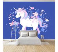 Mural de Pared 3D 400 x 280 cm - Azul Papel Pintado de Tejido No Tejido para Salón y Pared de TV Oficina - Decoración XXL No Autoadhesivo Dibujos Animados Cuentos Hadas Unicornios Flores