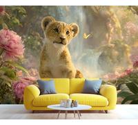 Mural de pared 3D autoadhesivo con diseño de cachorro de león kawaii en un bosque floral. Ideal para dormitorio, baño o sala de estar. 150x105cm (Nicht selbstklebend)