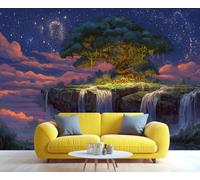 Mural de pared 3D autoadhesivo con diseño de isla y árbol bajo un cielo estrellado. Ideal para dormitorio, baño o sala de estar. 100x100cm (Nicht selbstklebend)
