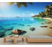 Mural de pared 3D autoadhesivo con diseño de paraíso costero tropical, ideal para dormitorio, baño o sala de estar. 200x140cm (No es autoadhesivo)