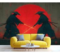 Mural de pared 3D autoadhesivo con diseño épico de duelo samurái: Sol Rojo y choque de katanas. Ideal para dormitorio, baño o sala de estar. 350x250cm (No es autoadhesivo)