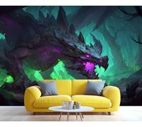 Mural de pared 3D autoadhesivo con dragón gótico fantástico en un bosque oscuro. Ideal para dormitorio, baño o sala de estar. 350x250cm (No es autoadhesivo)
