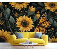 Mural de pared 3D autoadhesivo con girasoles vintage y mariposas monarca, decoración para dormitorio, baño y sala de estar. 100x100cm (Nicht selbstklebend)