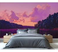 Mural de pared 3D autoadhesivo con reflejo de cielo y bosque en un lago con atardecer púrpura, ideal para dormitorio, baño o sala de estar. 100x100cm (No es autoadhesivo)