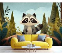 Mural de pared 3D autoadhesivo con un encantador mapache de dibujos animados en el bosque. Ideal para decorar dormitorios, baños y salas de estar. 250x175cm (No es autoadhesivo)