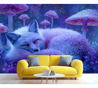 Mural de pared 3D autoadhesivo con zorro púrpura encantado en un bosque de setas. Decoración para dormitorio, baño y sala de estar. 300x230cm (Nicht selbstklebend)