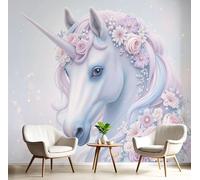 Mural de Pared 3D Flores de unicornio, Animales de fantasía Póster Decorativo Moderno para Salón o Dormitorio Infantil, Diseño Fotográfico - 200 x 140 cm