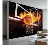 Mural de Pared 3D Moderno Abstracto Deportes Baloncesto Deportes Llamas Papel Pintado Fotográfico Fantasía, Fotomural Póster Decorativo Negro para Sala de Estar y Dormitorio Infantil 250x175 cm