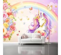 Mural de Pared 3D Paisaje, Soñador Arcoíris Flores Unicornio Impreso, Vistoso Mural de Pared No Tejido Decoración de Póster Diseño 400 x 280 cm Para Estar Dormitorio Infantil