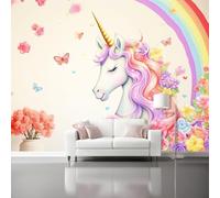 Mural de Pared 3D Paisaje, Soñador Lindo Unicornio Flores Impreso, Vistoso Mural de Pared No Tejido Decoración de Póster Diseño 200 x 140 cm Para Estar Dormitorio Infantil