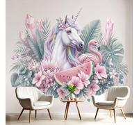 Mural de Pared 3D Unicornio flamenco, Plantas y flores Póster Decorativo Moderno para Salón o Dormitorio Infantil, Diseño Fotográfico - 150 x 105 cm