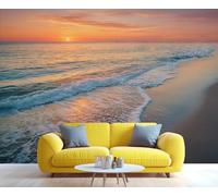 Mural de pared «Atardecer sereno en la playa» - Papel pintado con vibrantes olas del océano y horizonte dorado para salón dormitorio y decoración costera 150x105cm (No es autoadhesivo)
