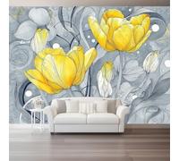 Mural de Pared Autoadhesivo 200 x 140 cm（WxH, Papel Pintado Tulipanes De Ensueño En Acuarela Gris para Salón y Dormitorio- Vinilo Decorativo Removible Gran Formato Fácil de Instalar y Lavable
