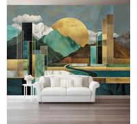 Mural de Pared Autoadhesivo 350 x 256 cm（WxH), Papel Pintado Art Déco Montañas Geométricas Verde para Salón y Dormitorio- Vinilo Decorativo Removible Gran Formato Fácil de Instalar y Lavable