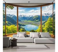 Mural De Pared Azul Bosques Verdes Montañas Lagos, Papel Pintado Fotográfico Tejido No Tejido Espectacular Vista Desde Ventana, 300X210Cm, Fotomurales Moderna Decorativo Para Sala De Estar, Dormitorio