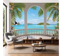 Mural De Pared Azul Paisaje De Arcada Clásica, Papel Pintado Fotográfico Tejido No Tejido Playa Tropical Tipo Resort, 250X175Cm, Fotomurales Moderna Decorativo Para Sala De Estar, Dormitorio