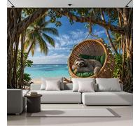 Mural De Pared Azul Playa Tropical Tipo Resort, Papel Pintado Fotográfico Tejido No Tejido Perezoso Cesta Colgante Paisaje, 300X210Cm, Fotomurales Moderna Decorativo Para Sala De Estar, Dormitorio
