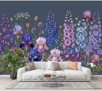Mural De Pared Azul-Púrpura Paisaje Retro Flores Silvestres | Papel Pintado Fotográfico Tejido No Tejido Plantas Rurales Naturales, 350X256Cm, Fotomurales Decorativo Para Sala De Estar, Dormitorio