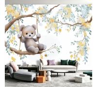 Mural de pared Bosque de cuento de hadas, 350 x 256 cm, bonito columpio de oso bebé, papel pintado fotográfico 3D no tejido, papel pintado mural sin pegamento para dormitorio, sala de estar, telón de
