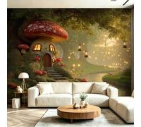 Mural de pared Bosque de cuento de hadas no tejido de dibujos animados de ensueño casa de hongos personalizado póster para sala de estar habitación infantil, 250 x 175 cm, arte de pared 3D, decoración