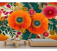 Mural de pared con amapolas naranjas y flores multicolores, obra de arte botánico, elegante decoración para la entrada de tu sala de estar. 250x175cm (No es autoadhesivo)