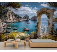 Mural de pared con arco europeo, papel pintado con columnas romanas italianas para salón o dormitorio, paisaje costero estilo italiano 400x280cm (no autoadhesivo).