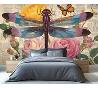 Mural de pared con collage de libélulas y flores - Arte retro de periódico y mariposas para sala de estar, estudio y amantes de la decoración bohemia 100x100cm (No es autoadhesivo)