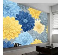 Mural de pared con diseño de hojas de flores, colorido patrón de dalia, papel pintado moderno no tejido para sala de estar o dormitorio de niños, 300 x 210 cm (ancho x alto)