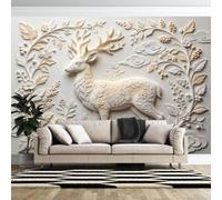 Mural De Pared con Escultura De Ciervo Sika con Elegante Patrón Floral En 3D 180 × 120 cm (Ancho X Alto). Papel Pintado Fotográfico Panorámico No Tejido De Primera Calidad para Sala De Estar Y D