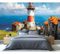 Mural de pared con faro costero y pueblo junto al mar: vibrante paisaje oceánico para sala de estar, dormitorio y decoración náutica. 300x230cm (No es autoadhesivo)