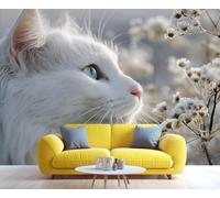 Mural de pared con gato blanco de ojos turquesa en un campo nevado, arte felino encantador, decoración de ensueño para sala de estar o dormitorio 200x140cm (No es autoadhesivo)