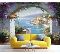 Mural de pared con imagen de ciudad costera, paisaje marino, ciudad mediterránea, papel para dormitorio de niñas, sala de estar, sofá, TV grande, fondo, pintura, 400 cm x 280 cm