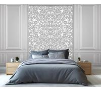 Mural de pared con intrincados motivos florales en gris y blanco, Decoración de pared para sala de estar, dormitorio o cualquier espacio interior sofisticado. 280x200cm (No es autoadhesivo)