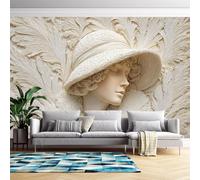 Mural De Pared Con Relieve De Rostro Femenino Estilo Boho Con Plumas, 200 Cm (Ancho) X 140 Cm (Alto). Adhesivos De Pared De Arte Moderno Para Dormitorio Y Sala De Estar. No Tejido. No Autoadhesivo.