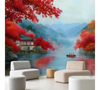 Mural de pared con tinta china oriental montañas 200 x 140 cm, hojas de arce, pabellón nubes, niebla zen, papel pintado fotográfico no tejido para sala de estar, dormitorio y oficina, arte de pared