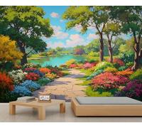 Mural de pared con un alegre sendero floral en un jardín y un lago, con estampado floral multicolor, ideal para decorar la pared del dormitorio. 400x280cm (No es autoadhesivo)
