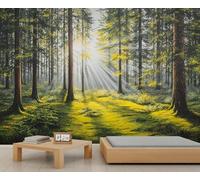 Mural de pared con un encantador bosque de pinos iluminado por el sol, decoración radiante para sala de estar y dormitorio, arte mural con un toque sereno. 150x105cm (No es autoadhesivo)