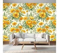 Mural de Pared Country Retro, 350x250cm Papel Tapiz Grande Flores De Ranúnculo Fotomurales Panorámico, Papel Pintado de Seda para Sala de Estar, Dormitorio, Fondo de TV, Amarillo