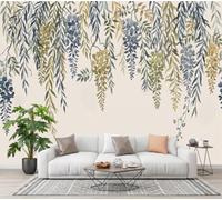 Mural De Pared Crema Acuarela Rural De Ramas Lloronas | Papel Pintado Fotográfico Tejido No Tejido Plantas Verdes Naturales, 200X140Cm, Fotomurales Decorativo Para Sala De Estar, Dormitorio