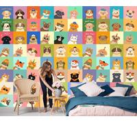 Mural de pared de Avatares De Gatos Perros, papel pintado fotográfico con Coloridos A Cuadros, 300 x 210cm (ancho x alto), mural fotográfico decorativo para sala de estar, dormitorio, oficina