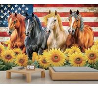 Mural de pared de caballo, papel pintado 3D con bandera estadounidense, mural de girasol para sala de estar, dormitorio, estudio, decoración de fondo de televisión, 280 x 200 cm