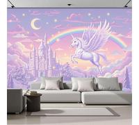 Mural De Pared De Castillo Arcoiris Caballo Blanco 350x256cm, Papel Pintado Panorámico Estilo De Ilustración De Cuento De Hadas De Ensueño, Gran Seda Papel Pintado Decoración De Pared Sala TV Fondo