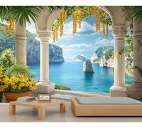 Mural de pared de columnas romanas italianas, mural de Toscana, Italia, papel pintado de paisaje costero para sala de estar, dormitorio, murales de pared de paisaje, 200 x 200 cm (no se despega)