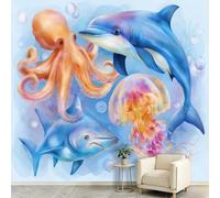 Mural de pared de dibujos animados de animales marinos de 300 x 210 cm, pulpo, delfín, medusas, papel pintado fotográfico 3D no tejido, papel pintado sin pegamento, para dormitorio, sala de estar