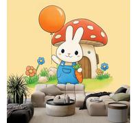 Mural de pared de dibujos animados de conejo blanco, hongos y globos, papel pintado fotográfico no tejido de alta calidad para sala de estar y salón, 350 x 256 cm
