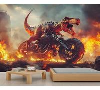 Mural de pared de dinosaurio, tiranosaurio Rex, papel pintado 3D, dinosaurios en motocicletas, mural para granja, sala de estar, dormitorio, sofá, decoración de fondo de TV, 280 x 200 cm