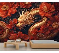 Mural de pared de dragón dorado, papel pintado 3D de dragón chino, flores rojas, para sala de estar, dormitorio, fondo de TV, decoración de hotel, bar, 400 x 280 cm